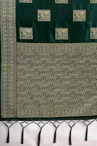 Dark green zari woven banarasi silk blend saree with blouse piece