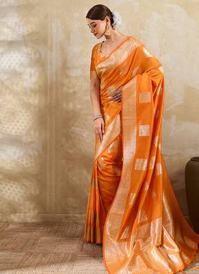 Orange zari woven banarasi silk blend saree with blouse piece 1
