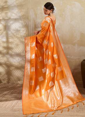 Orange zari woven banarasi silk blend saree with blouse piece 2
