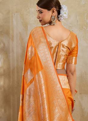 Orange zari woven banarasi silk blend saree with blouse piece 3
