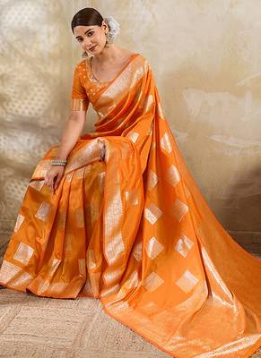 Orange zari woven banarasi silk blend saree with blouse piece 4