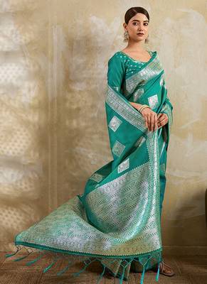 Teal zari woven banarasi silk blend saree with blouse piece 3