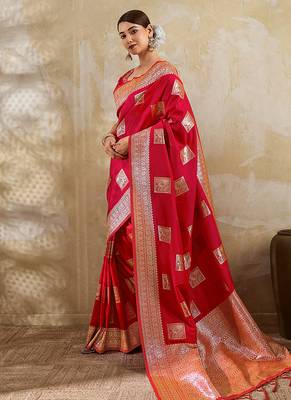 Red zari woven banarasi silk blend saree with blouse piece 1