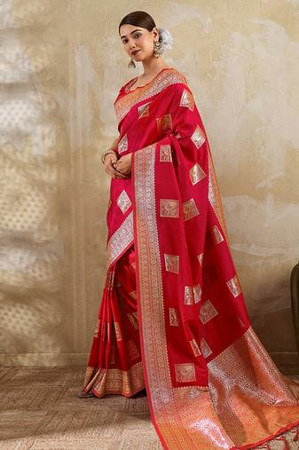 Red zari woven banarasi silk blend saree with blouse piece