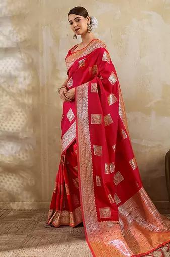 Red zari woven banarasi silk blend saree with blouse piece