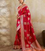 Red zari woven banarasi silk blend saree with blouse piece