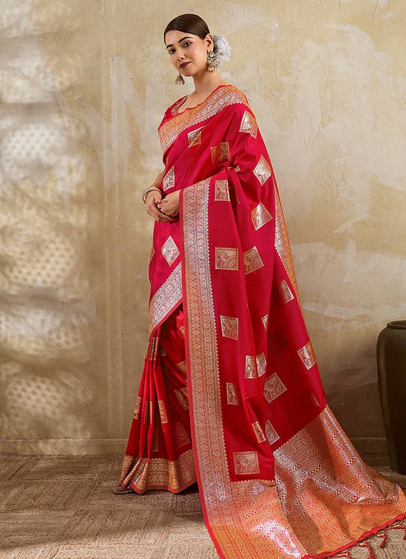 Red zari woven banarasi silk blend saree with blouse piece