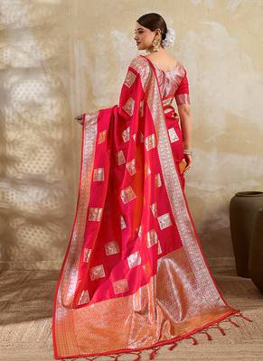 Red zari woven banarasi silk blend saree with blouse piece 2