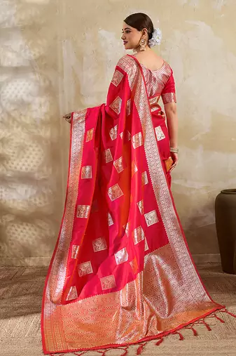 Red zari woven banarasi silk blend saree with blouse piece