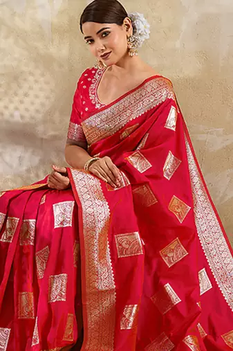 Red zari woven banarasi silk blend saree with blouse piece