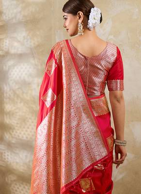 Red zari woven banarasi silk blend saree with blouse piece 4