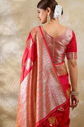 Red zari woven banarasi silk blend saree with blouse piece