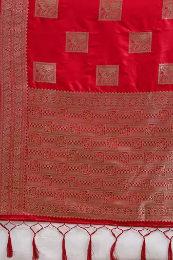 Red zari woven banarasi silk blend saree with blouse piece