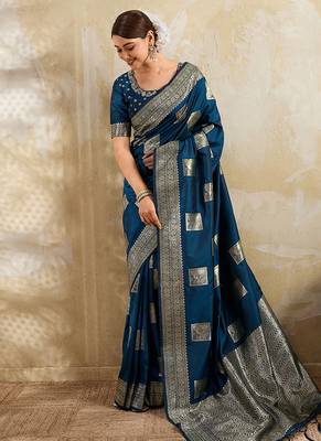 Navy blue zari woven banarasi silk blend saree with blouse piece 1
