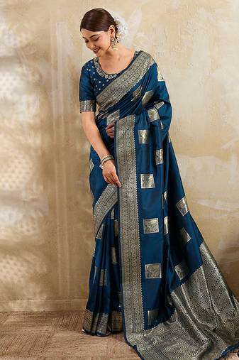 Navy blue zari woven banarasi silk blend saree with blouse piece