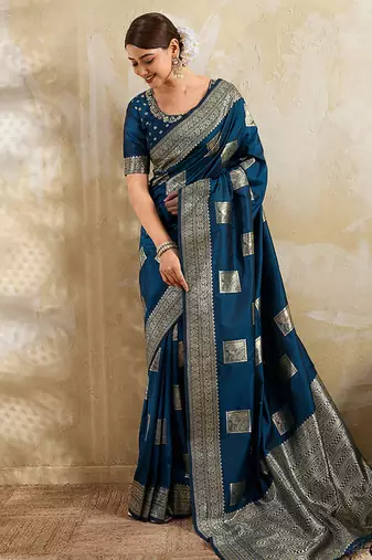 Navy blue zari woven banarasi silk blend saree with blouse piece