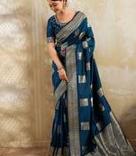 Navy blue zari woven banarasi silk blend saree with blouse piece