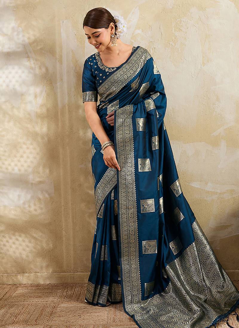 Navy blue zari woven banarasi silk blend saree with blouse piece