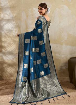 Navy blue zari woven banarasi silk blend saree with blouse piece 2