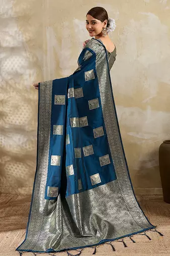 Navy blue zari woven banarasi silk blend saree with blouse piece