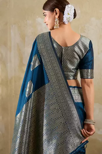 Navy blue zari woven banarasi silk blend saree with blouse piece
