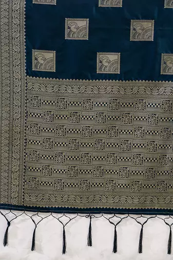 Navy blue zari woven banarasi silk blend saree with blouse piece