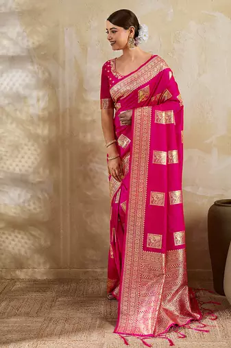 Rani pink zari woven banarasi silk blend saree with blouse piece