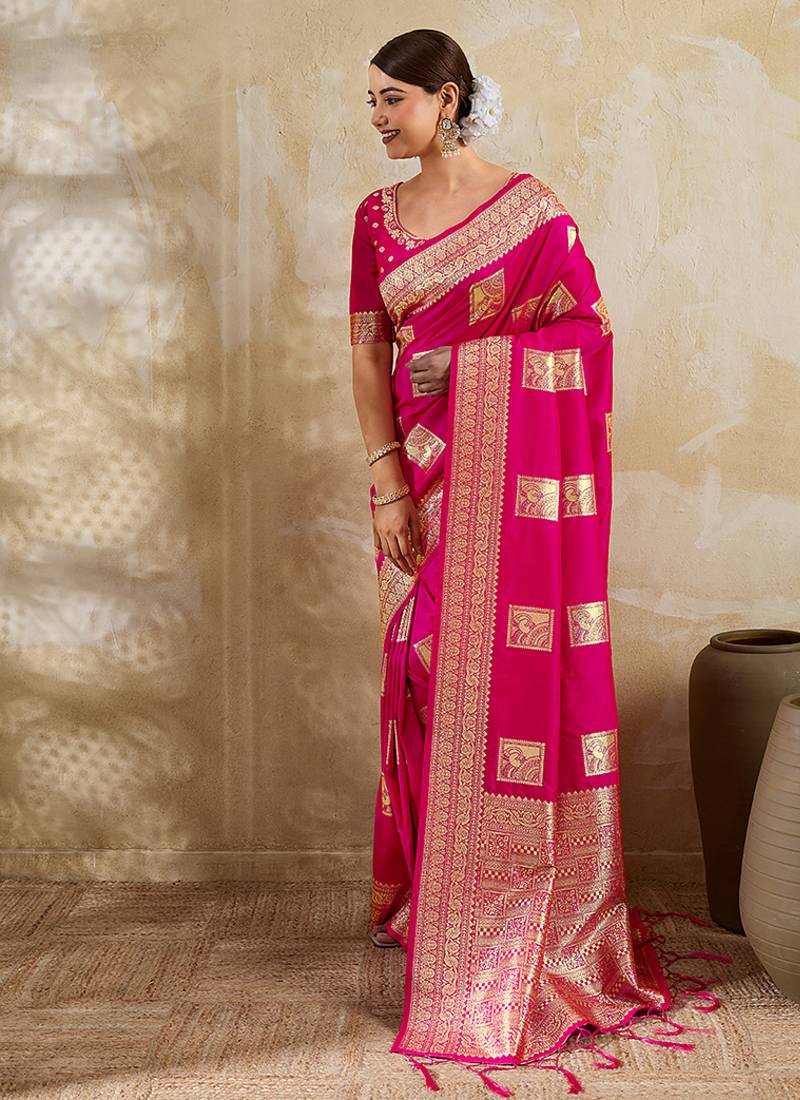Rani pink zari woven banarasi silk blend saree with blouse piece