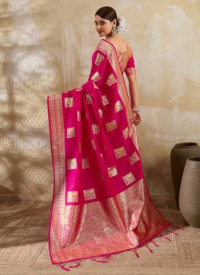 Rani pink zari woven banarasi silk blend saree with blouse piece 2