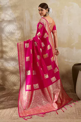 Rani pink zari woven banarasi silk blend saree with blouse piece