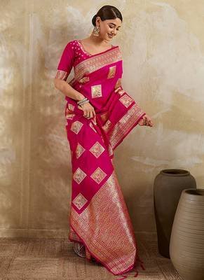 Rani pink zari woven banarasi silk blend saree with blouse piece 3