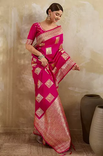 Rani pink zari woven banarasi silk blend saree with blouse piece