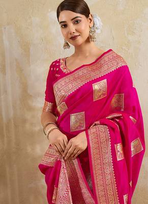 Rani pink zari woven banarasi silk blend saree with blouse piece 4
