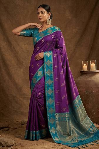 Purple  zari woven banarasi silk blend saree with blouse piece
