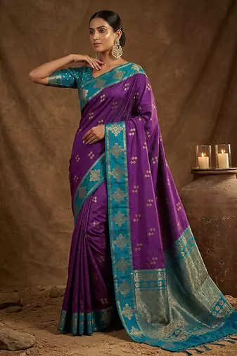 Purple  zari woven banarasi silk blend saree with blouse piece