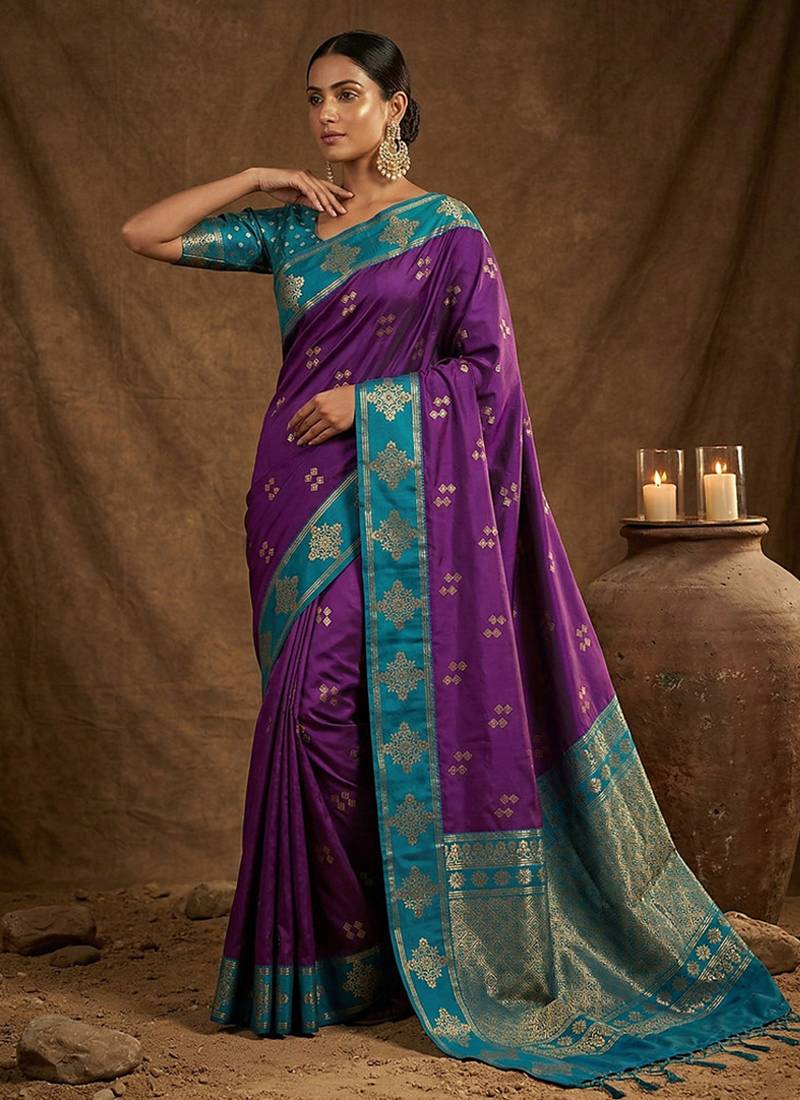 Purple  zari woven banarasi silk blend saree with blouse piece