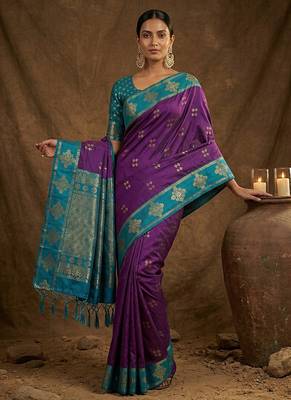 Purple  zari woven banarasi silk blend saree with blouse piece 3