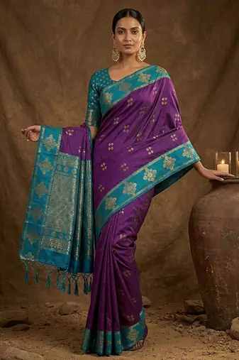 Purple  zari woven banarasi silk blend saree with blouse piece