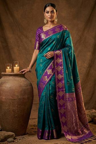 Teal blue zari woven banarasi silk blend saree with blouse piece