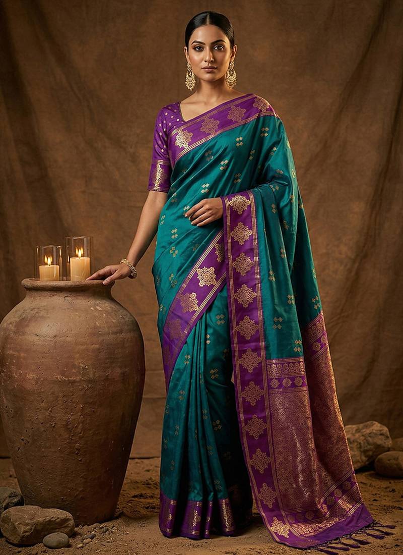 Teal blue zari woven banarasi silk blend saree with blouse piece
