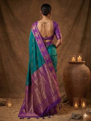 Teal blue zari woven banarasi silk blend saree with blouse piece 2