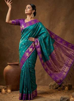Teal blue zari woven banarasi silk blend saree with blouse piece 3