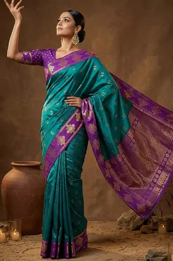 Teal blue zari woven banarasi silk blend saree with blouse piece
