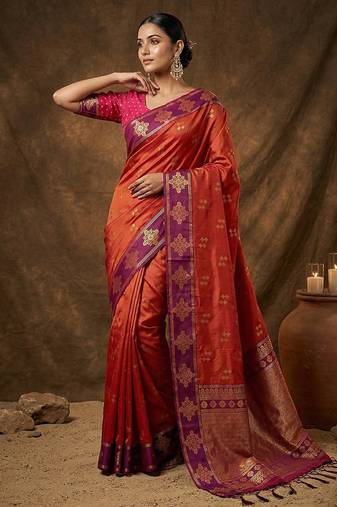 Rust orange  zari woven banarasi silk blend saree with blouse piece