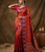 Rust orange  zari woven banarasi silk blend saree with blouse piece