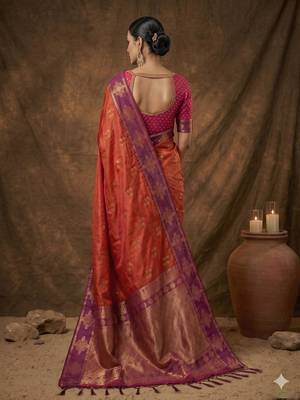Rust orange  zari woven banarasi silk blend saree with blouse piece 2