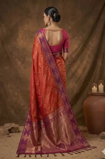 Rust orange  zari woven banarasi silk blend saree with blouse piece