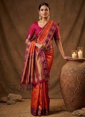 Rust orange  zari woven banarasi silk blend saree with blouse piece 3