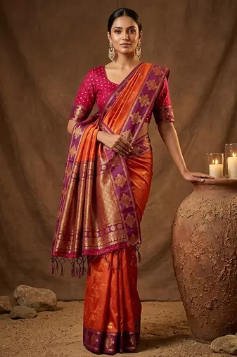 Rust orange  zari woven banarasi silk blend saree with blouse piece