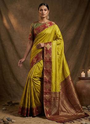 Mustard  zari woven banarasi silk blend saree with blouse piece 1